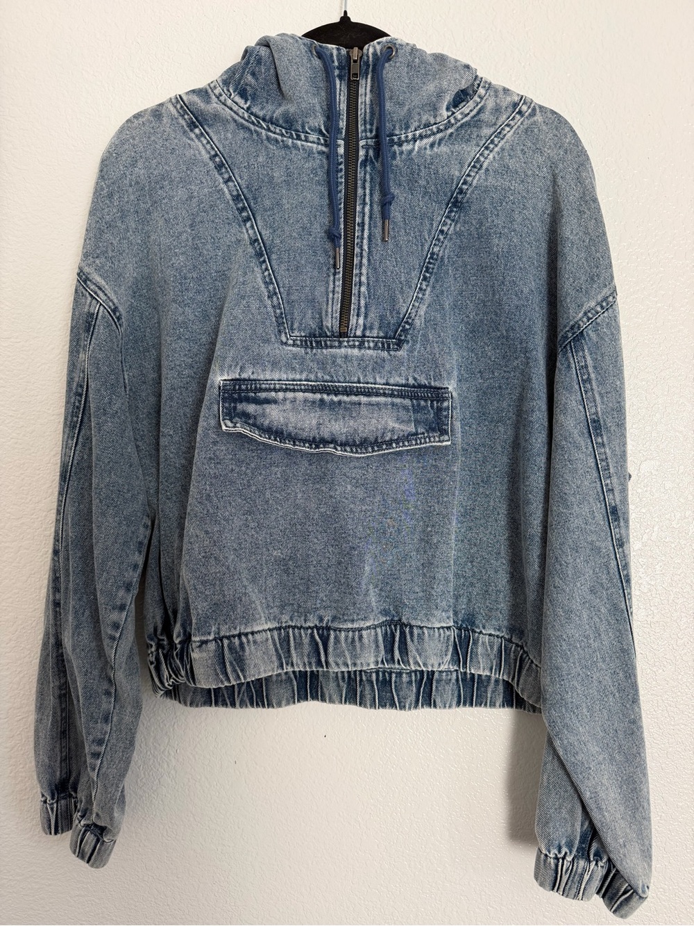 Washed Denim Half-Zip Hoodie - Size: Large